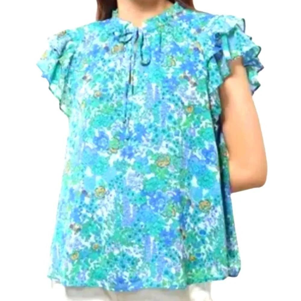 EC JOIE FLUTTER SLEEVE LINED FLORAL BLOUSE SZ.XS